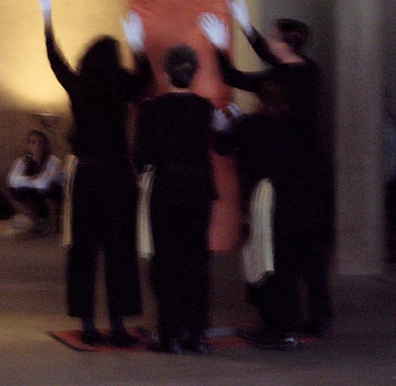 Photos of a performance installation called Something Between a Garment, a Being, and Skin.