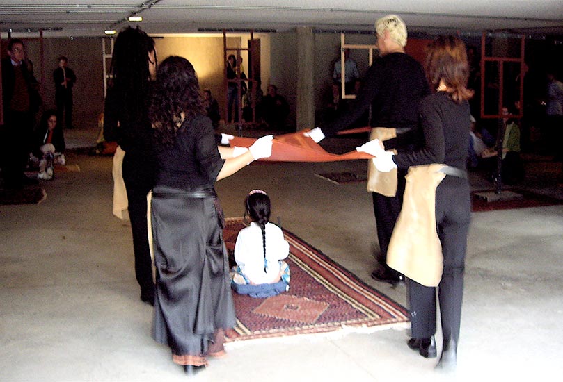 Photos of a performance installation called Something Between a Garment, a Being, and Skin.